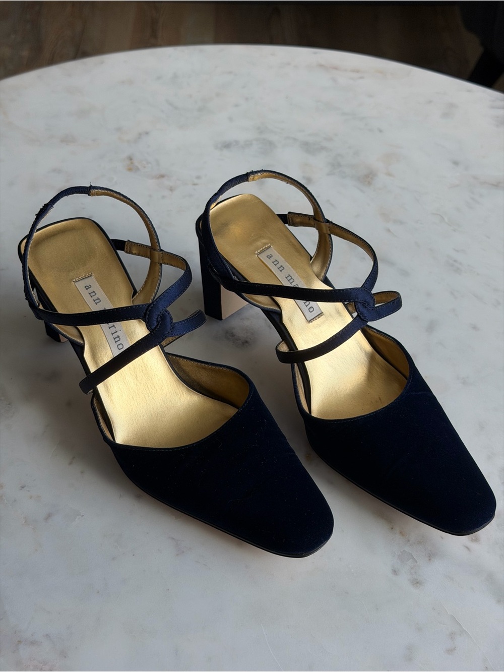 Vintage Ann Marino Navy Blue Strappy Block Heels Size 7.5M